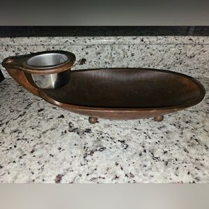 MCM Large Wooden Chip Snack Veggie Tray Footed Raised Attached Dip Bowl Rustic